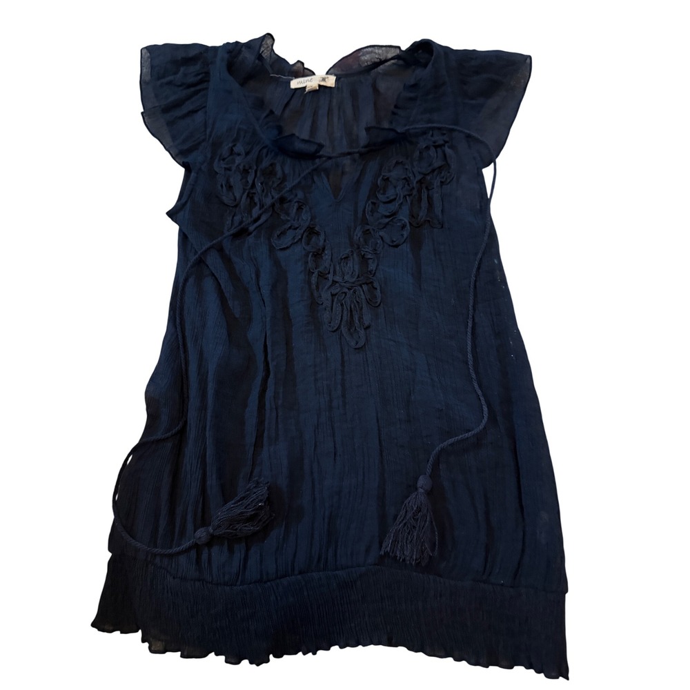 Mine Navy Blue Embroidered Tassel Peasant Blouse Smocked Flutter Sleeve M Sheer